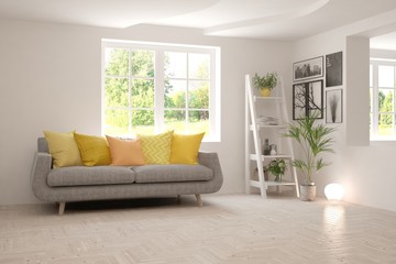 White living room with sofa and summer landscape in window. Scandinavian interior design. 3D illustration