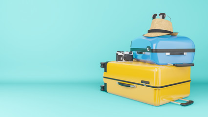 Yellow and blue suitcase with sun hat and glasses, camera on pastel background., travel concept.,3d illustration.