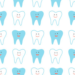 Cute Teeth with smiling face seamless pattern on blue background.