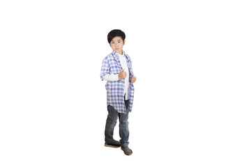 Naklejka premium A portrait of a cute Asian elementary school student wearing jeans and a plaid shirt. An isolated image with white background