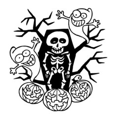Skeleton in coffin with silhouette of tree, ghosts and pumpkins, scary illustration, Halloween theme black and white cartoon