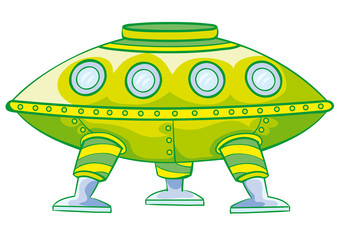 cartoon illustration, green flying saucer, isolated object on a white background, vector illustration,