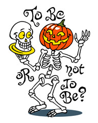 Skeleton with a pumpkin head holding a tray with his skull with a question to be or not to be, halloween theme color cartoon
