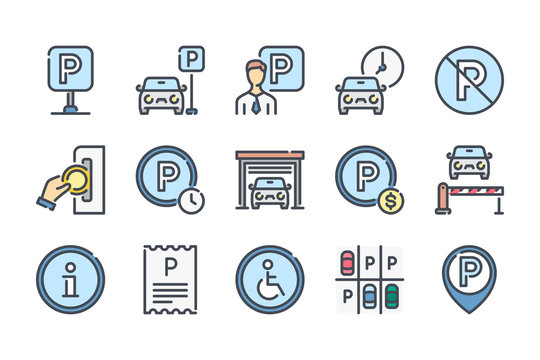 Parking Related Color Line Icon Set. Paid Parking And Private Entry Colorful Linear Icons. Garage And Car-park Flat Color Outline Vector Sign Collection.