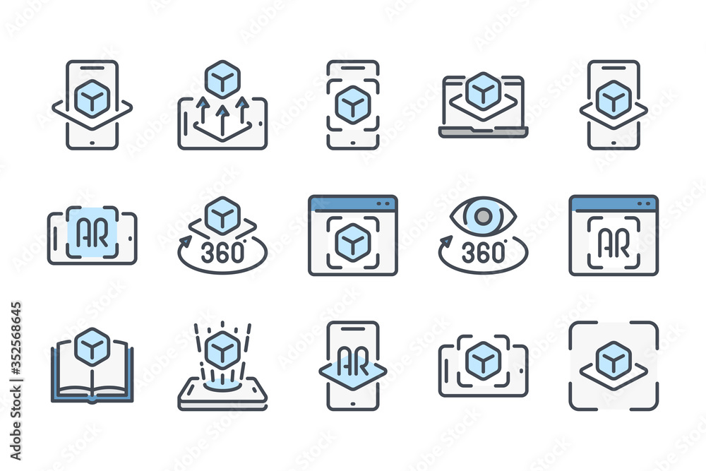 Poster augmented reality related color line icon set. interactive simulation colorful linear icons. virtual
