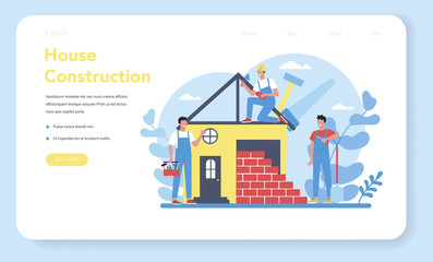 Fototapeta premium House building web banner or landing page. Workers constructing