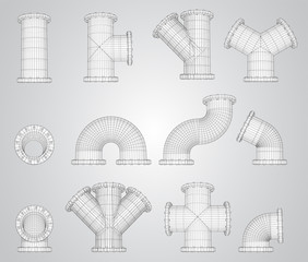 vector large set of plumbing steel pipes with flange.