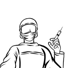 Line drawing,doctor wearing surgical mask,holding needle,selective focus.Creative with illustration in flat design.