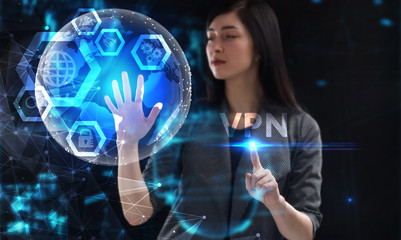 Business, Technology, Internet and network concept. Young businessman working on a virtual screen of the future and sees the inscription: VPN