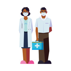 Man and woman doctor with uniforms masks and kit vector design