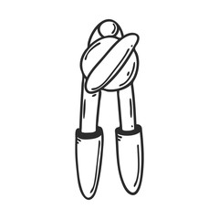 Metal can opener in a doodle style. Kitchen utensils, inventory. Design element for the design of magazines, packaging, menus, recipes. Hand drawn and isolated on white. Black and white vector.