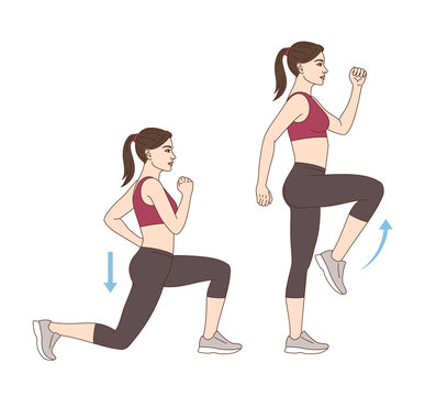 A woman is doing sports exercises. Lunge step-ups. Workout for the buttocks and hips. Fitness for weight loss.