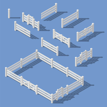 Isometric set of white fence with gates. Fencing constructor.