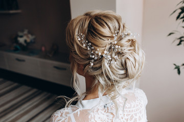 Beautiful hairstyle of the bride. Jewelry in the hair. The morning of the bride. Preparing for the...