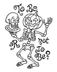 Skeleton with pumpkin head holding tray with his skull with question to be or not to be, halloween theme black and white cartoon