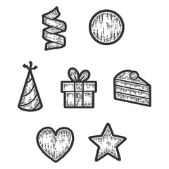 Holiday objects, signs and symbols. Sketch scratch board imitation.