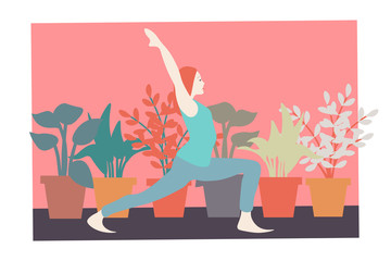 Yoga woman illustration. Aerobics exercise, physical and spiritual practice, houseplants in background. Vector illustration.