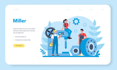 Miller and milling web banner or landing page. Engineer drilling