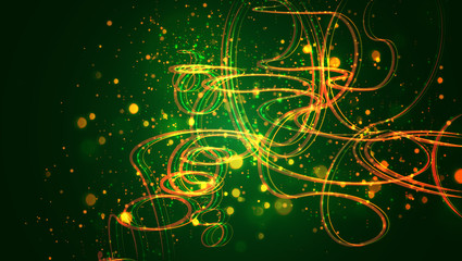 abstract thread with bends and waves flying in space, endless sparks and glow of green and yellow colors