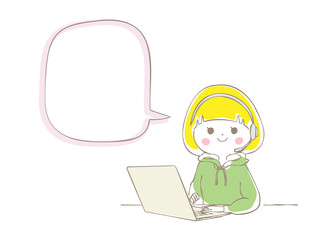 ノートパソコンでテレワークをする女性　吹き出し
