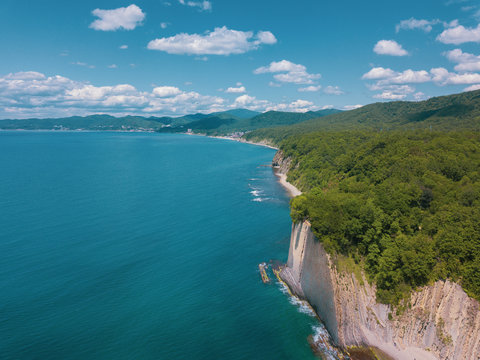 Skala Kiseleva is a natural monument on the territory of the Tuapse district of the Krasnodar Territory. Aerial view from above. 4K footage.