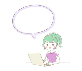 ノートパソコンでテレワークをする女性　吹き出し
