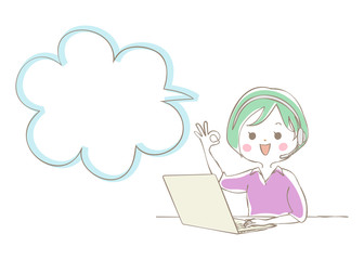 ノートパソコンでテレワークをする女性　吹き出し
