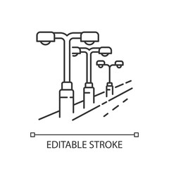 Street lighting pixel perfect linear icon. Lamp pillar row in public area. Downtown night lantern. Thin line customizable illustration. Contour symbol. Vector isolated outline drawing. Editable stroke