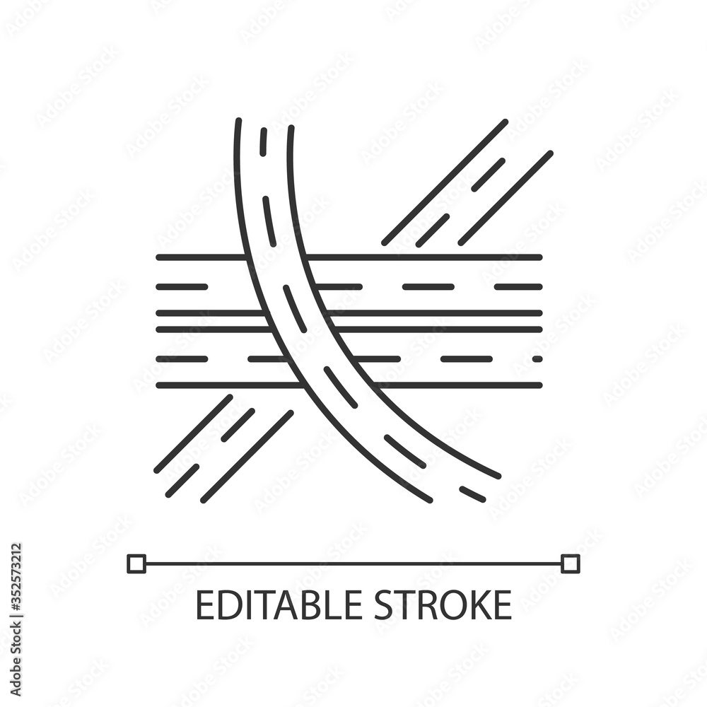 Poster multi level junction pixel perfect linear icon. highway system. multiple roads. roadway direction. t