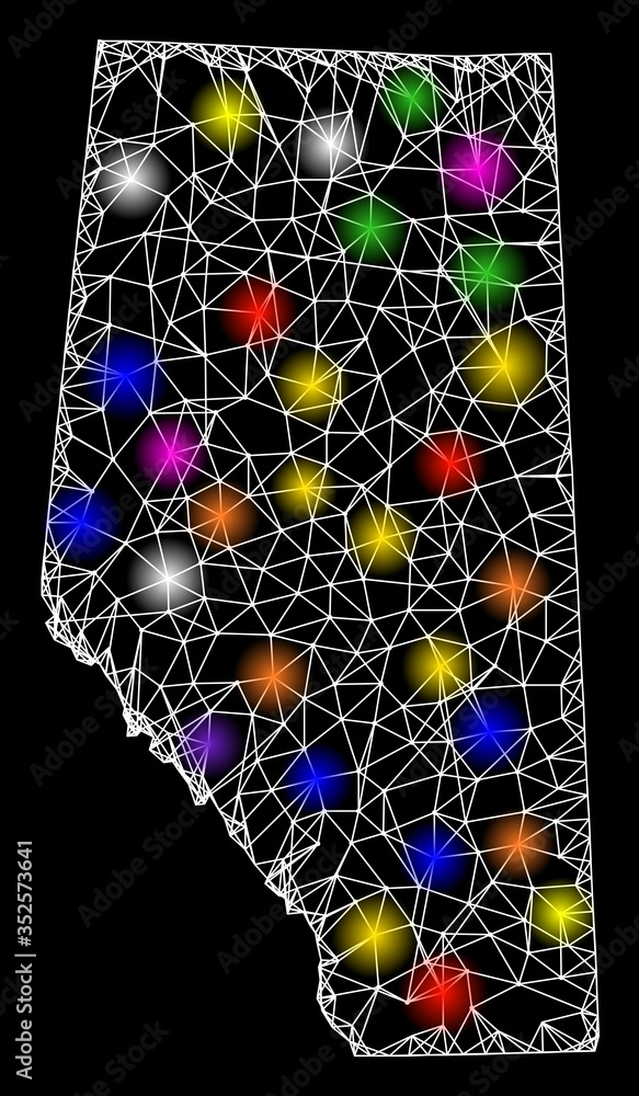Poster web mesh vector map of alberta province with glare effect on a black background. abstract lines, lig