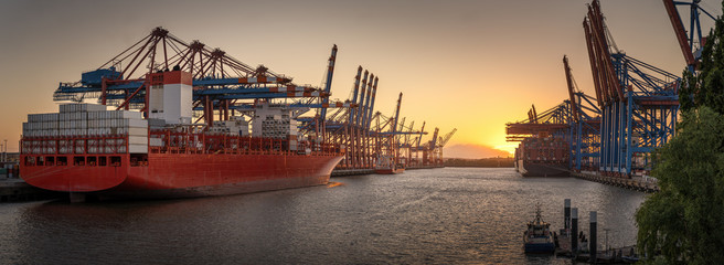 Container ships in the port of Hamburg at sunset  - obrazy, fototapety, plakaty