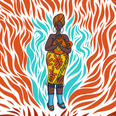 African woman in a bright dress on fire.