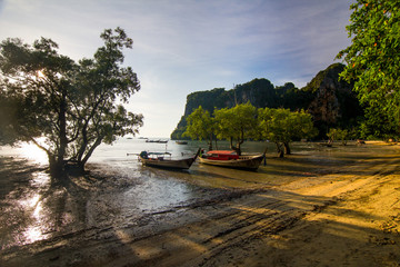 Naklejka na ściany i meble Boat on East Railay Bay Beach, Krabi Province, Thailand, Asia