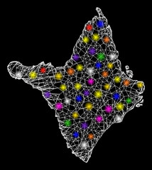 Web mesh vector map of Amapa state with glow effect on a black background. Abstract lines, light spots and points form map of Amapa state constellation.