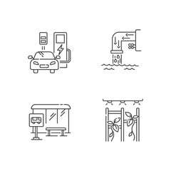 City structure pixel perfect linear icons set. Charge station for automobile. Drainage system. Customizable thin line contour symbols. Isolated vector outline illustrations. Editable stroke