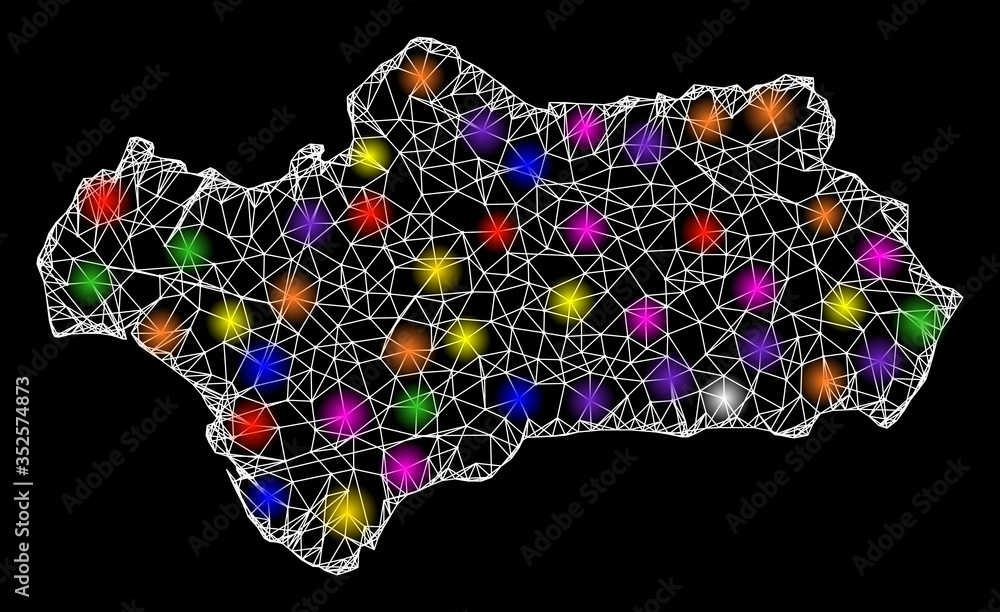 Poster web mesh vector map of andalusia province with glare effect on a black background. abstract lines, l