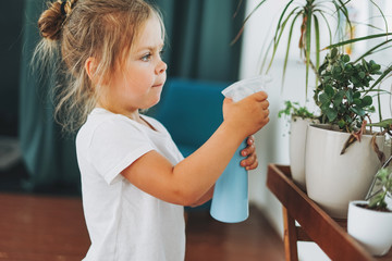 Funny cute toddler girl watering house plant at room in bright interior home