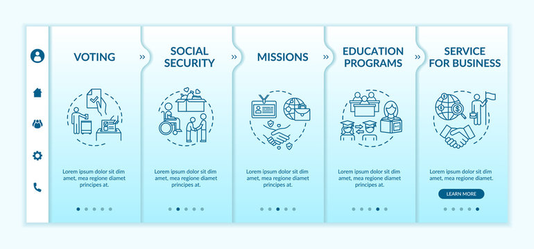 Social program onboarding vector template. Student exchange. Business service. International charity. Responsive mobile website with icons. Webpage walkthrough step screens. RGB color concept