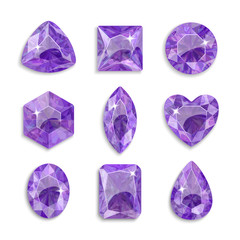 Fototapeta premium Gems of different shapes. Set of violet crystals. Jewelry.