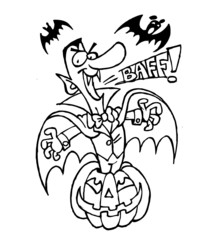 Vampire and bats fly out of the pumpkin and are scary, Halloween theme black and white cartoon