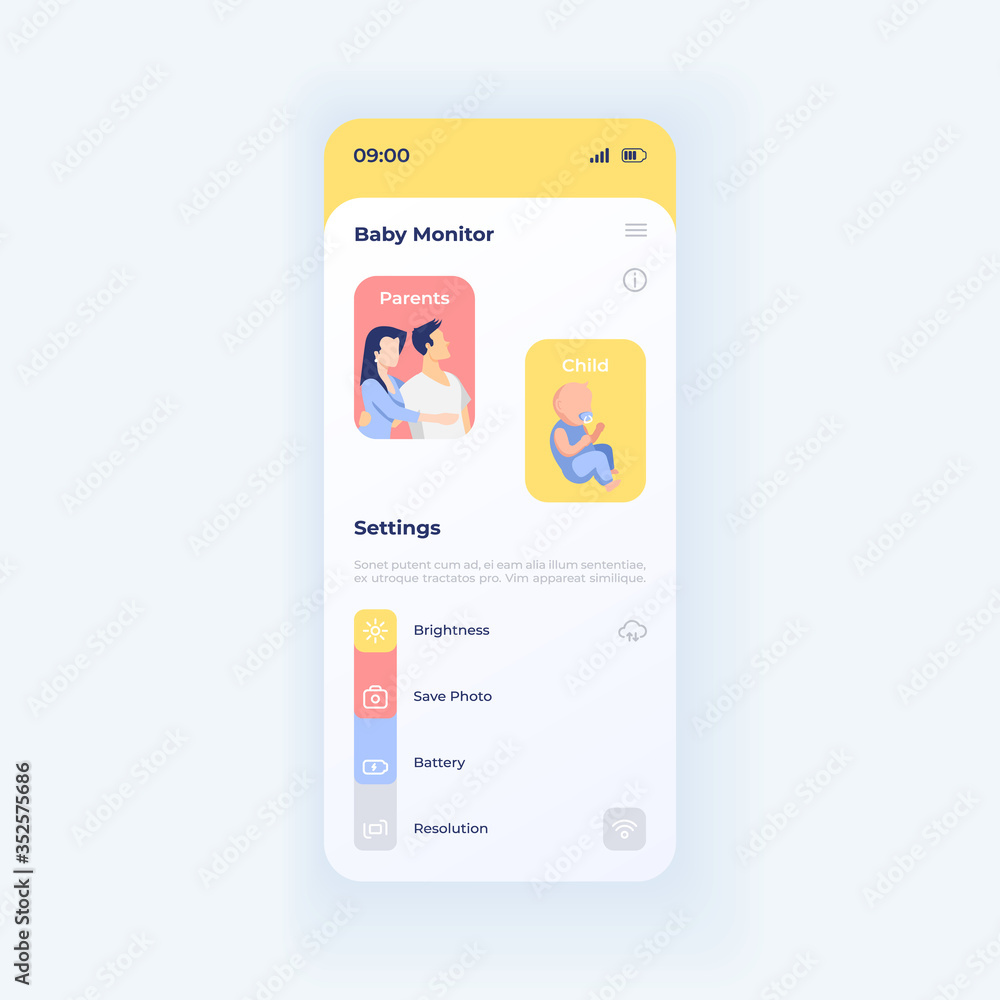 Poster Parent surveillance smartphone interface vector template. Mobile app page white design layout. Baby remote watching for mother and father screen. Flat UI for application. Phone display