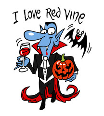 Vampire with glass of blood, pumpkin and bat, I love red wine text, Halloween theme color cartoon