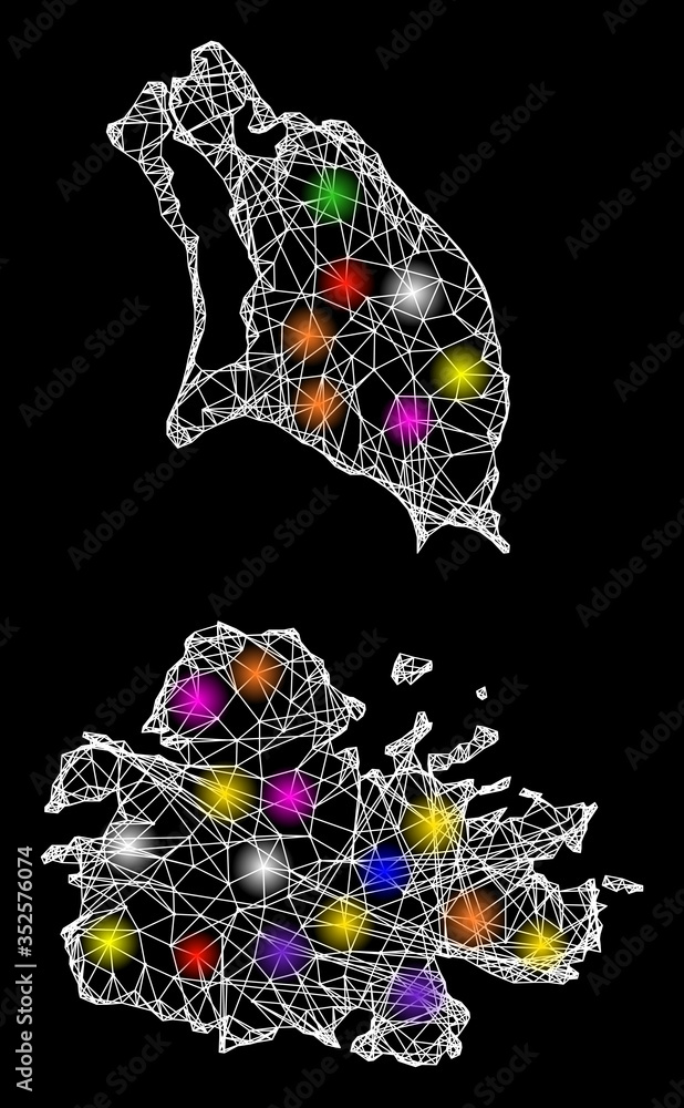 Poster web mesh vector map of antigua and barbuda with glitter effect on a black background. abstract lines