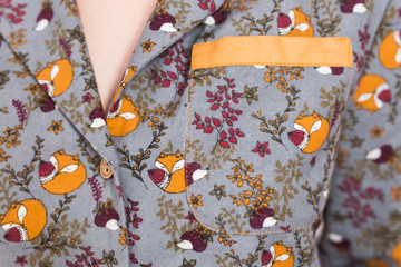 Warm kit homewear. Soft cotton cardigan. Comfortable clothes for healthy sleep. Pajamas concept. Close-up.