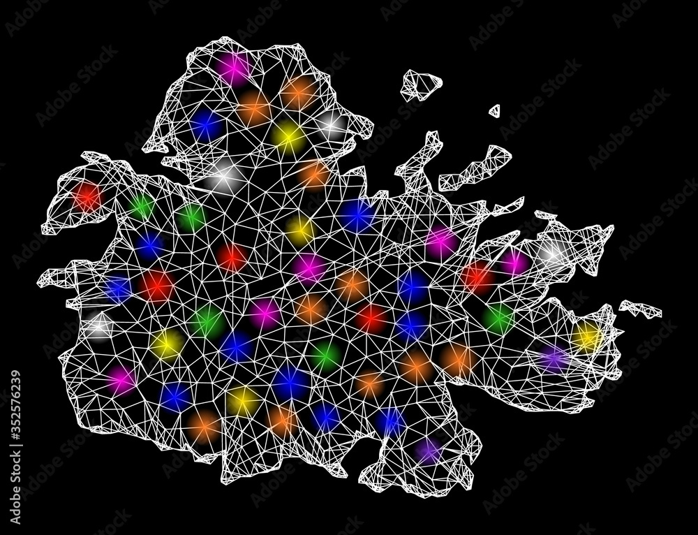 Poster web mesh vector map of antigua island with glare effect on a black background. abstract lines, light