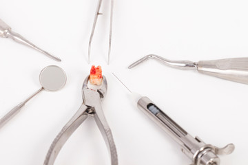 Dental tools and remove tooth in dental clinic