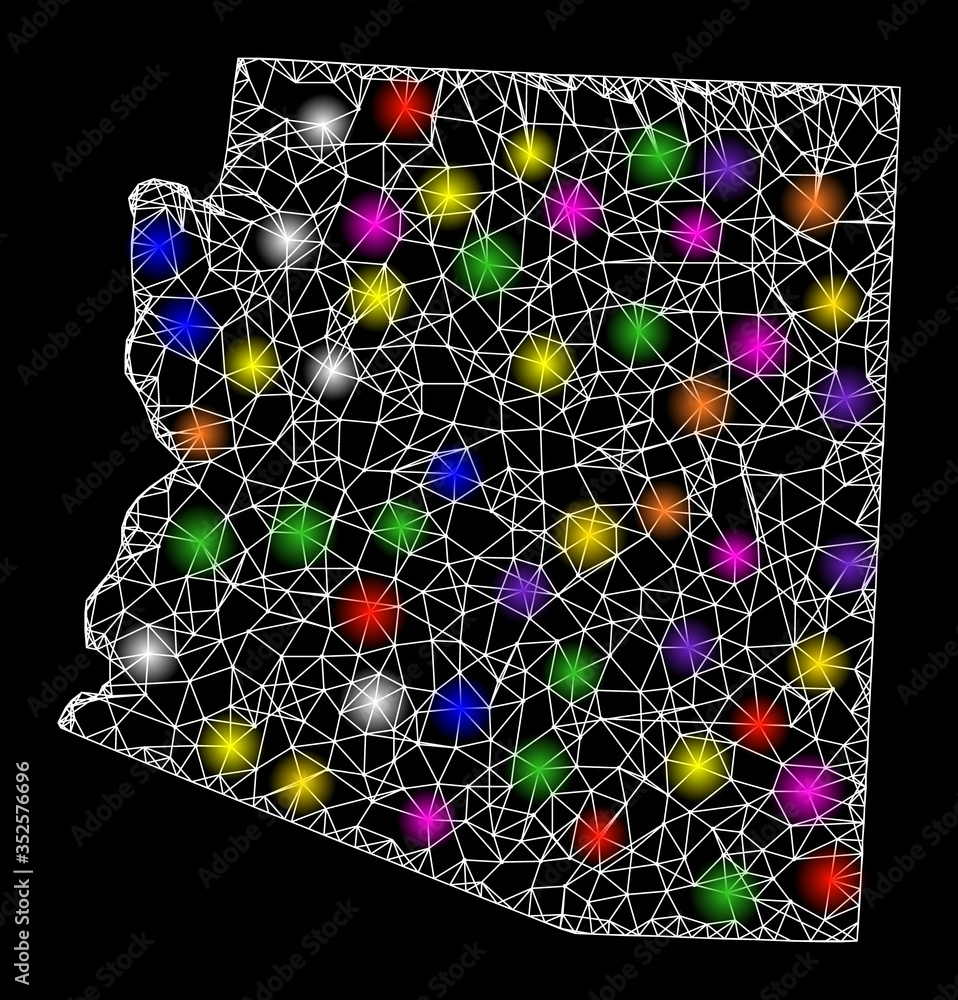 Poster web mesh vector map of arizona state with flare effect on a black background. abstract lines, light 