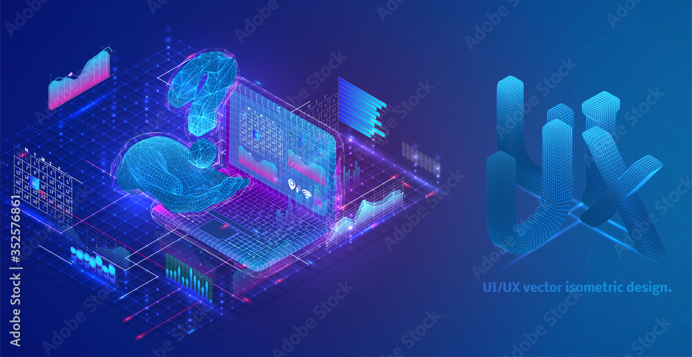 Wall mural isometric vector composition with graphs, information and virtual data retrieval on a laptop