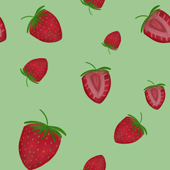 Ripe red strawberries on green background. Summer seamless pattern. Cooking, kitchen, dessert print. Packaging, wallpaper, textile, fabric design