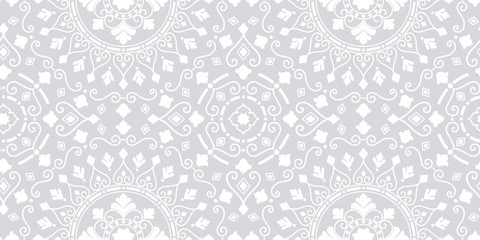 Mandala seamless pattern delicate grey white background